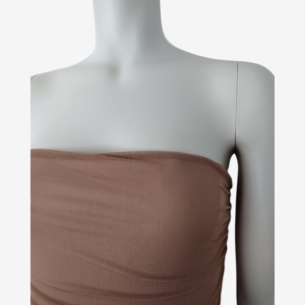 Fashion Nova Tan Mesh Ruched Side Slit Maxi Tube Dress Size S - Picture 8 of 13